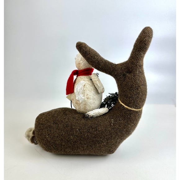 Vintage Snowman Riding A Large Bunny Rabbit Art Piece Soft Sculpture - Picture 6 of 11